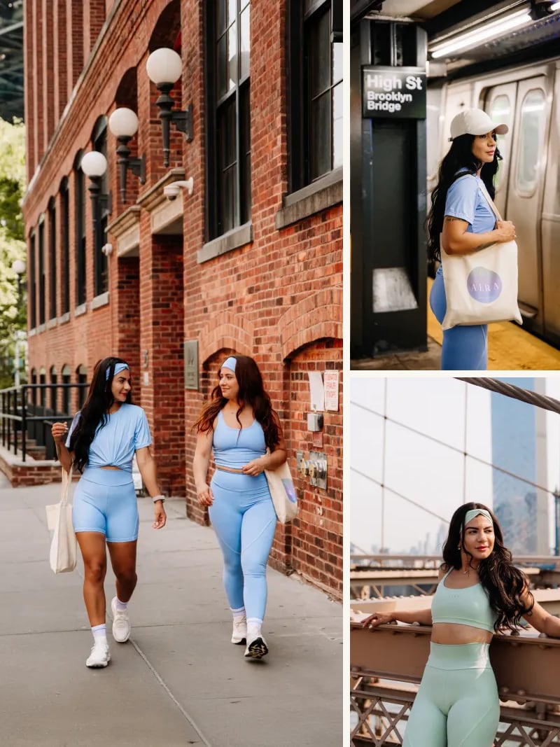 Montagem com três fotos na cidade: duas mulheres caminhando em DUMBO com conjuntos AERA azul-claro, mulher com a ecobag AERA na plataforma do metrô High Street e mulher encostada na ponte do Brooklyn